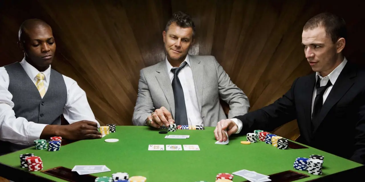 three men wearing suit playing Singapore poker